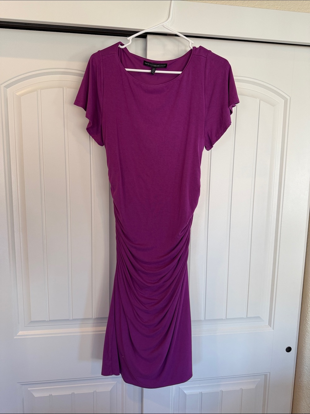 White House Black Market Purple Ruched Short-Sleeve Midi Dress